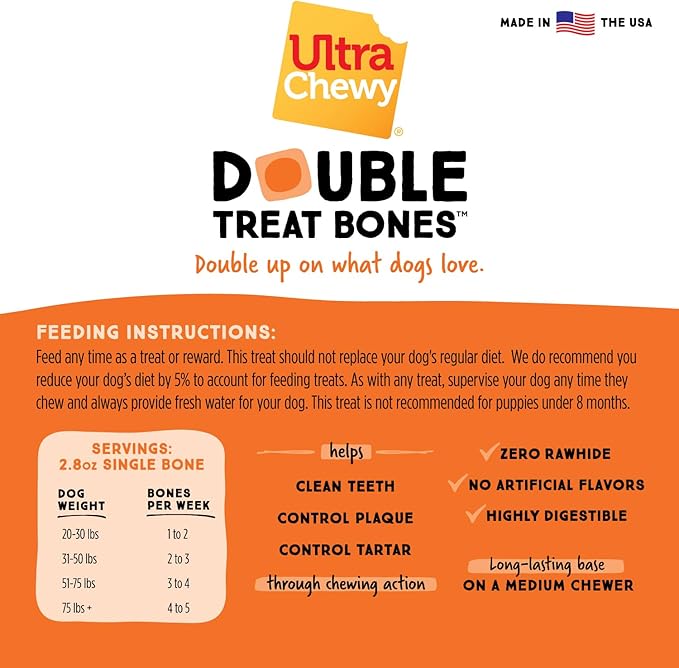 Ultra Chewy Bacon and Cheese Double Treat Bones: Long-Lasting Chews Made in USA, Highly Digestible, for Aggressive Chewers (6 Count)