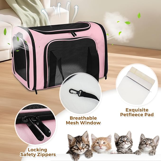 Airline Approved Pet Carrier 17"x11"x11" – Soft Sided Cat Dog Travel Bag for Small Pets up to 15 lbs, Portable Collapsible Pet Carrier Under Seat with Mesh Ventilation & Shoulder Strap(Pink)