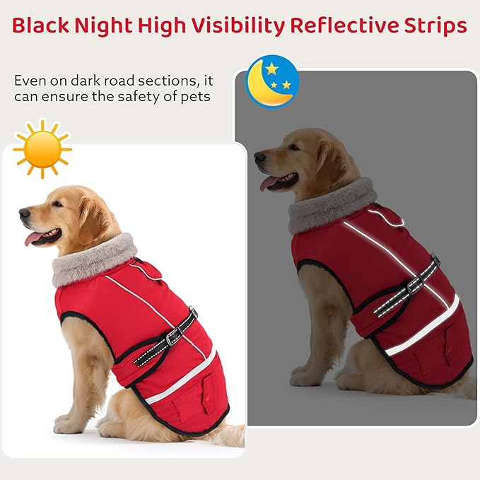 Dog Coat, Warm Dog Winter Coat Reflective Jacket Waterproof Fleece Vest, Pet Jacket Cozy for Cold Weather, Dogs Snowsuit Windproof, Adjustable Buckle for Large Dogs