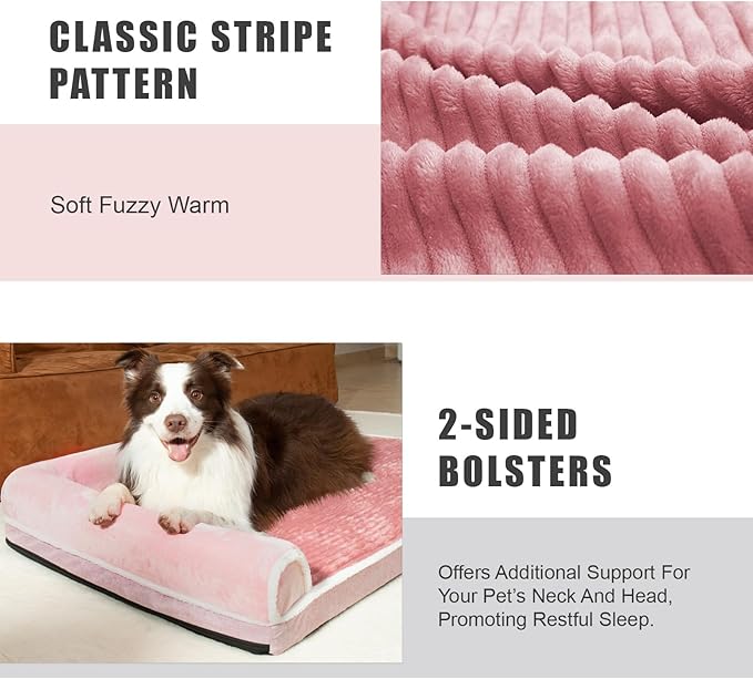 Patas Lague Orthopedic Dog Bed Large Sized Dog 36''X24'', Waterproof Comfortable L Bolster Medium Non-Slip Soft Warm Pet Crate Bed Sleep Sofa mat with Removable Washable Cover, Pink