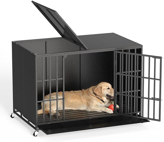 LEMBERI 48/42 inch Heavy Duty Indestructible Dog Crate, High Anxiety Extra Large Dog Cage for Large Dogs, XL Steel Escape Proof Dog Kennel with Wheels and Removable Tray (Black, 47.2*30.7*34.6 inch)