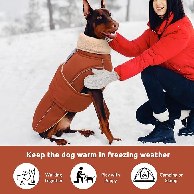 ASENKU Dog Coat & Winter Jacket, Warm Dog Coat for Medium Large Dogs with Reflective, Turtleneck with Button, Waterproof Cold Weather Coats (Red Brown, L)