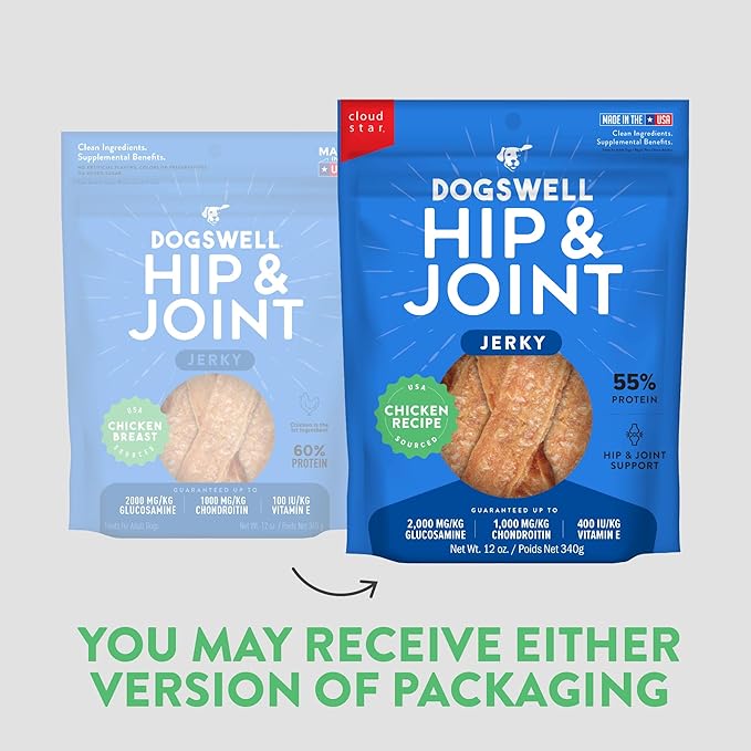 Dogswell Jerky Hip and Joint Dog Treats Grain Free Made in USA Only, Glucosamine and Chondroitin, 12 oz Chicken