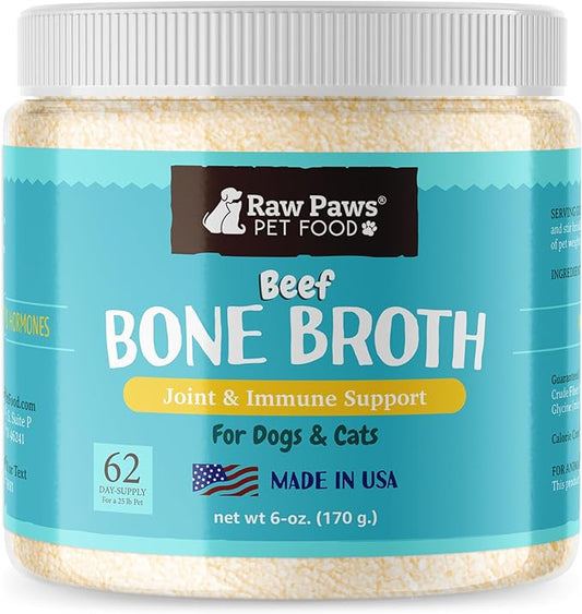 Raw Paws Beef Bone Broth for Dogs & Cats, 6-oz - Made in USA - Food Topper - Bone Broth Protein Powder for Dogs - Gravy Topper for Dry Food - Supports Joint Health