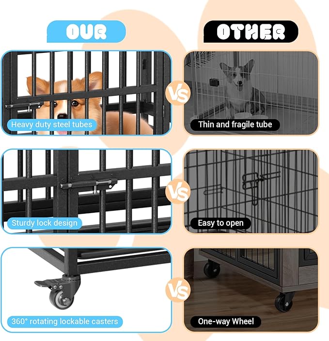 48 in Heavy Duty Dog Crate, Foldable Indoor Dog Cage with Double Door, 360° Lockable Wheels and Removable Tray, Easy to Clean and Assembly，for Small Medium Large Dogs