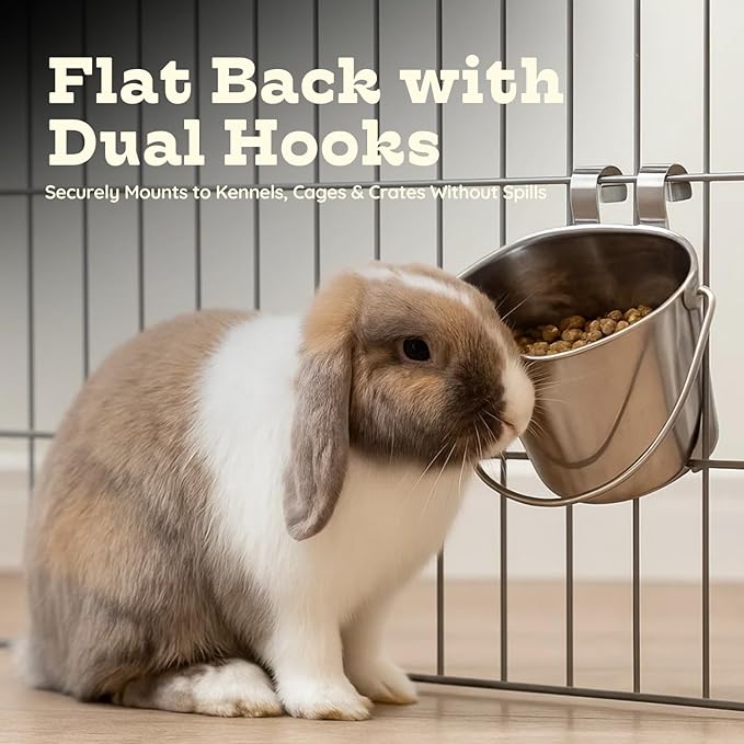 2 Quart Stainless Steel Flat Sided Pail with Dual Hooks | Hanging Bucket for Dog, Cat, Bird & Small Animals | Durable Food & Water Bowl Fits Kennels, Crates & Cages | Multipurpose Use