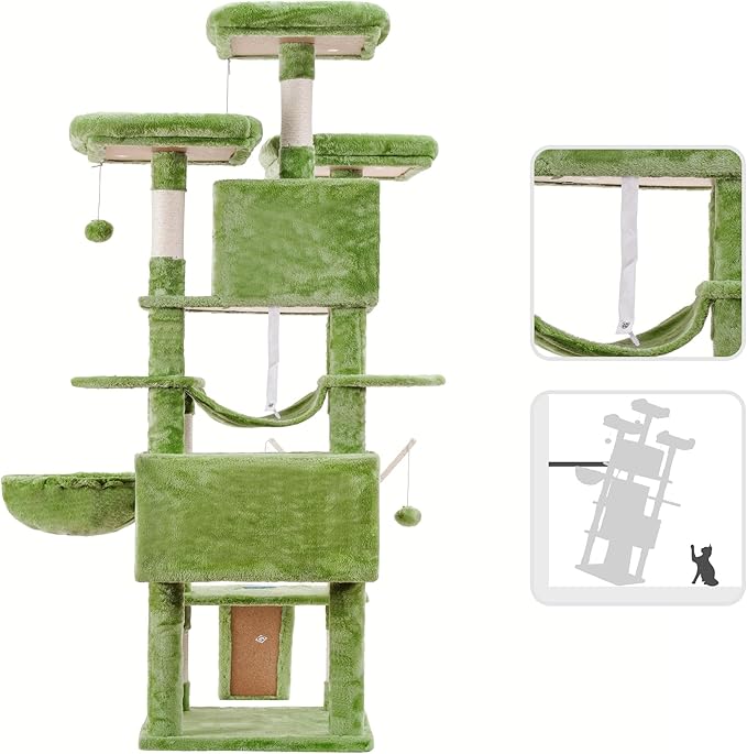 Hey-brother Cat Tree, 71 inches XL Large Cat Tower for Indoor Cats, Multi-Level Cat House with 3 Padded Perches, Big Scratcher, Cozy Basket, 2 Cat Condos and Scratching Posts, Green MPJ034GR