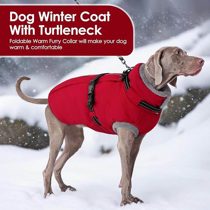 AOFITEE Dog Coat, Warm Dog Jacket Winter, Waterproof Dogs Winter Coat with Harness & Zipper, Reflective Turtleneck Fleece Pet Puffer Jacket Snowsuit for Jack Russel, Boston Terrier, Christmas Red M