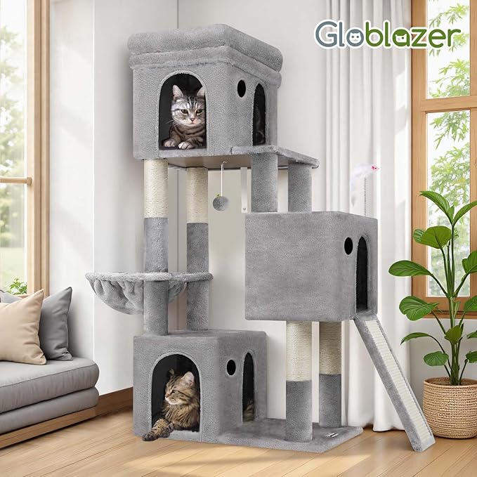 Globlazer Cat Tower for Multiple Indoor Cats, 52 inch Heavy Duty Cat Tree with 3 Condos, Plush Cat Condo with Scratch Posts and Pad for Adult Cats Kitten, Padded Perch, Basket Bed, F52B, Light Grey