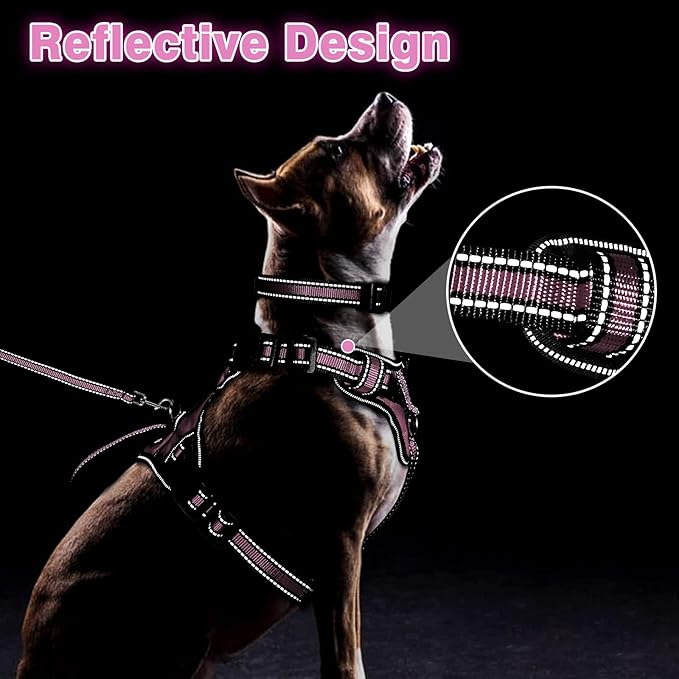 WINSEE Pet Harness Collar and Leash Set, All-in-one Reflective Dog Harness No Pull with Adjustable Buckles for Puppies, Small, Medium, Large, and Extra-Large Dogs (Medium, Pink)