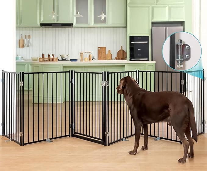 No Pawblems Free Standing Dog Gate with Door, 30'' Tall Foldable Dog Fence for Indoor & Outdoor, Up to 156 Inch Extra Wide Puppy Gate for Stairs, Hallways, Doorways, Deck, Yard (Black, 6 Panels)