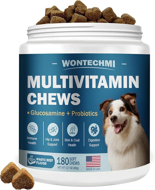 Dog Multivitamin, Glucosamine Chondroitin for Dogs, Krill Oil, Probiotics, Dog Vitamins and Supplements for Heart, Hip & Joints, Immune Health, Digestion, Skin, Coat (180 Chews, Wagyu Beef)