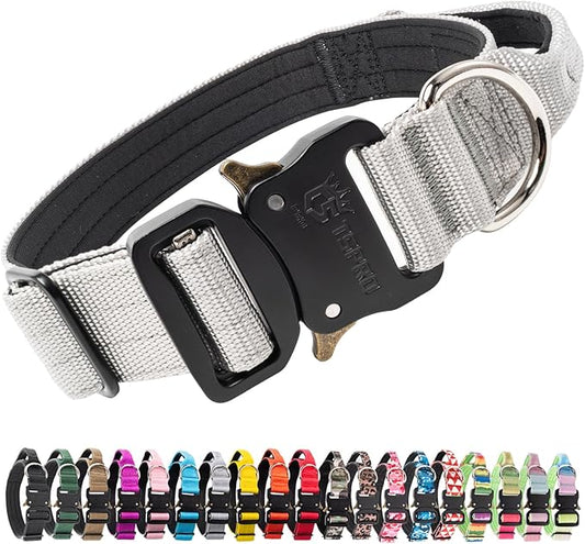 TSPRO Premium Dog Collars Tactical Dog Collar with Handle and Heavy Duty Quick-Release Metal Buckle Durable Thick and Adjustable for Medium to Large Dogs (Silver M)