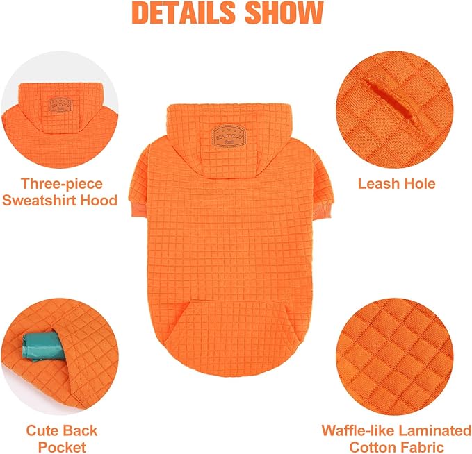 BEAUTYZOO Medium Dog Hoodie Sweater with Pockets, Dog Clothes for Small Medium Dogs Boy Girl, Waffle-Like Laminated Cotton Pet Coats with Hat and Leash Hole, Orange XL