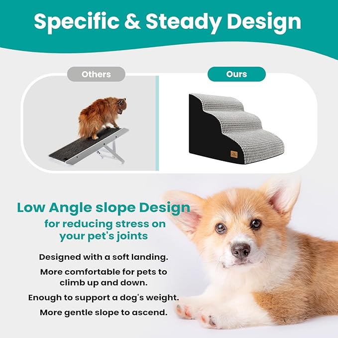 Dog Stairs for Small Dogs, 15.8 in H 3 Step Curved Dog Ramp for High Bed and Couch, Foam Dog Ramp with Durable Non-Slip Waterproof Fabric Cover, Pet Stairs for Pets Joints, Light Grey