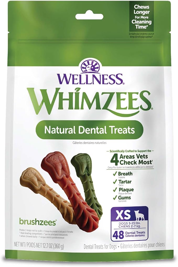 WHIMZEES Wellness Brushzees Dog Dental Treats, Natural Chews, Extra Small Size Stick, (48 Count)