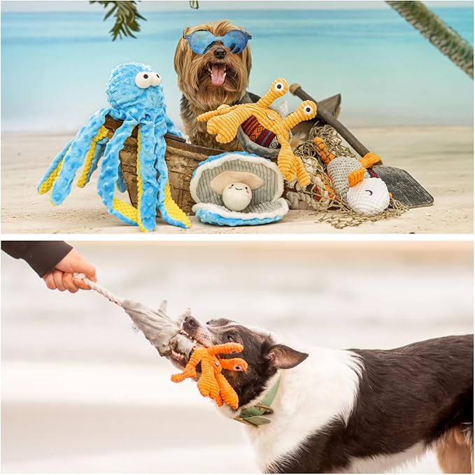 Nocciola Crinkle Squeaky Octopus Dog Toy - Ocean Theme Stuffed Interactive Rope Toys for Small, Medium & Large Dogs, Durable for Aggressive Chewers (Crab)