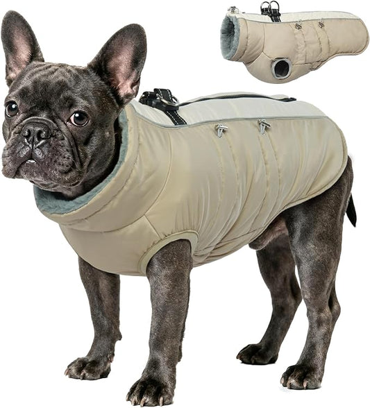 IDOMIK Warm Dog Coat with Harness, Waterproof Reflective Dog Jackets for Small Medium Large Dogs, Fleece High Collar Winter Jacket with Zipper, Pet Winter Snowsuit Clothes for Cold Weather,Khaki L