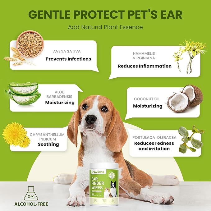 Ear Finger Wipes for Dogs & Cats, Thicker Dog Ear Cat Ear Cleaner Wipes, Natural Relief Cat Ear Cleaner Dog, Pet Health Supplies for Dog Kitten Small Animal, Aloe Scent Deodorizing - 50 Count