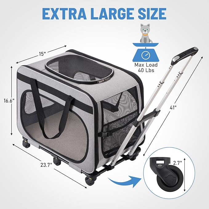 Extra Large Pet Carrier with Wheels for Small Dogs and All-Breed Cats, Cat Rolling Carrier for up to 4 Cats, Support up to 40 Lbs, Grey
