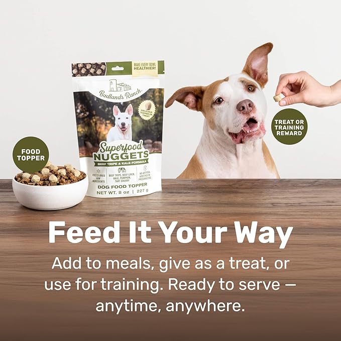 Superfood Nuggets- Premium, Freeze-Dried raw Dog Food Topper or Treat. Powerful Nutrient-Dense Ingredients. No Artificial additives. Beef Tripe and Kale Formula 8oz - 4pk Bundle