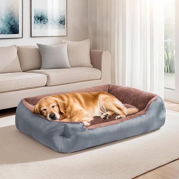 Large Dog Bed, Rectangle Calming Dog Bed for Large Dogs, Comfort and Softness Pet Sofa Bed with Nonskid Bottom, Machine Washable, Grey