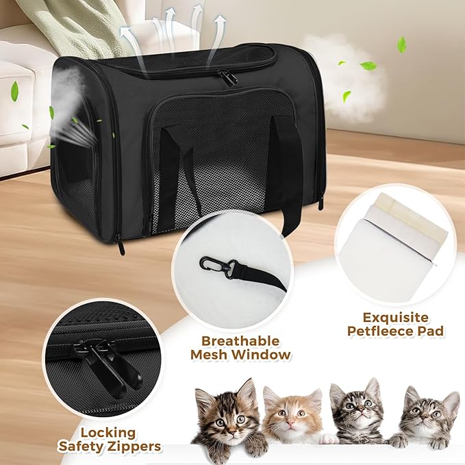 Airline Approved Pet Carrier for Cats & Small Dogs – Soft Sided Travel Bag 17"x11"x11", Portable Collapsible Under Seat Pet Carrier with Mesh Windows & Shoulder Strap, Black