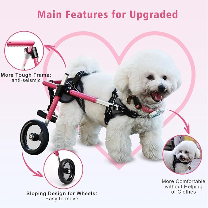 Wheelchair for Dogs, Pet Baby Adjustable Dog Wheelchair for Back Legs with Dog Leash, Lightweight Doggie/Doggy Carts with Wheels for Small Pets Hind Limbs, Disabled Hind Legs Walking Stable, Pink, XS