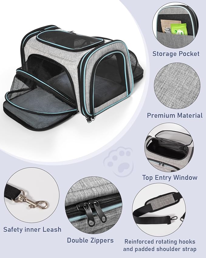 Siivton Cat Carrier,4 Sided Expandable Pet Carrier for Travel,Collapsible Soft-Sided Carriers with Removable Fleece Pad and Shoulder Straps,Airline Approved(17.5"x 11"x 11")
