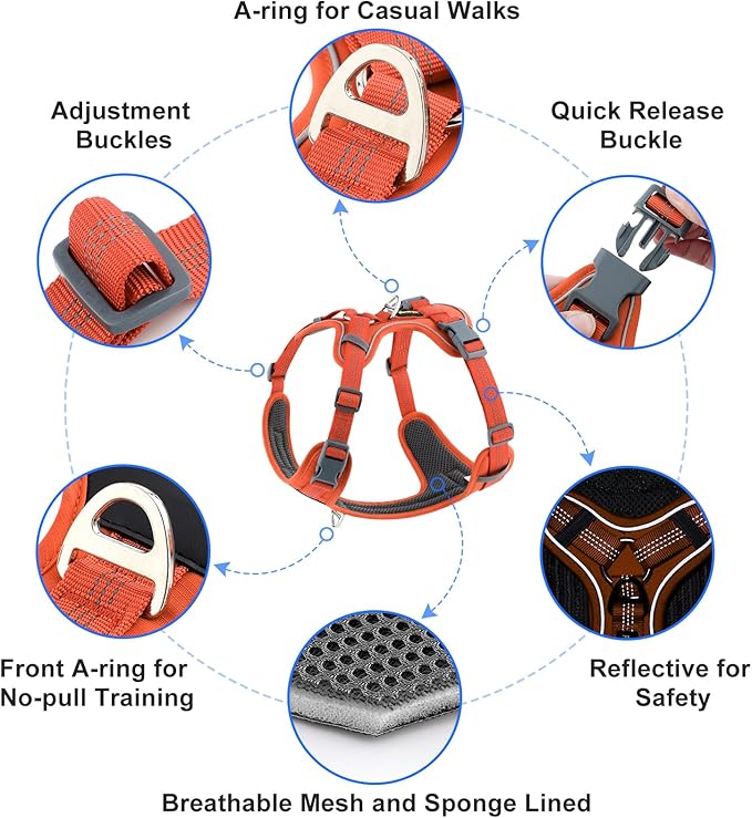 Plutus Pet No Pull Dog Harness, Release at Neck, Soft Padded, Reflective Adjustable Dog Vest Harness for Small, Medium, Large Dogs(Orange, M)