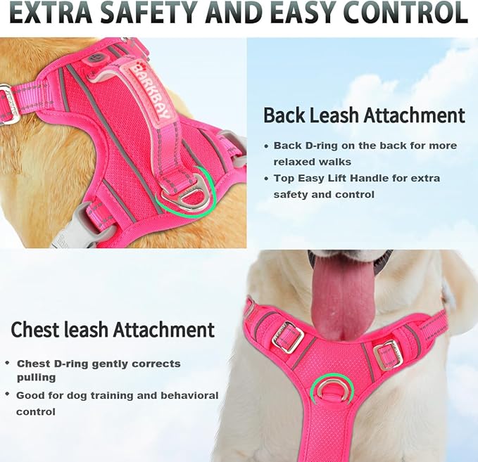 BARKBAY No Pull Dog Harness 3 Buckles Large Reflective Dog Harness with Front Clip and Easy Control Handle for Walking Training Running with ID tag Pocket(Pink,L)