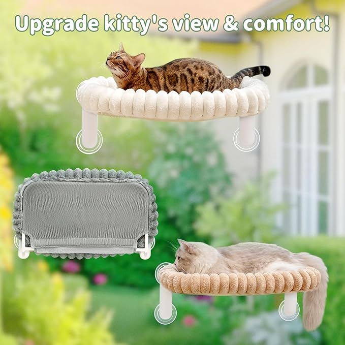 Sunhoo Cat Window Perch Bed Foldable Kitty Windowsill Hammock Shelf Seat Large Cats Suction Cup Indoor Kitten Window Sill Lounger with Soft Plush Cushion Machine Washable 21.26*11.8in (Light Camel, M)