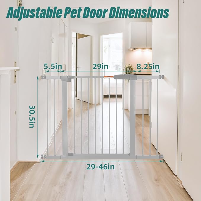 29-46" Dog Gates for Doorways No Drilling, Pet Gate Indoor, 30" Tall Metal Walk-Thru Gate, Easy One-Hand Open, Extensions & Wall Mounts Included (White, 46" W x 30.5“H)