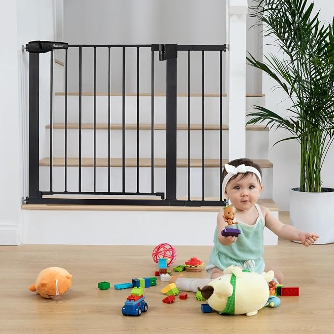COMOMY 30" Tall Baby Gate for Stairs Doorways, Fits Openings 29.5" to 40.5" Wide, Auto Close Extra Wide Dog Gate for House, Pressure Mounted Easy Walk Through Pet Gate with Door, Black