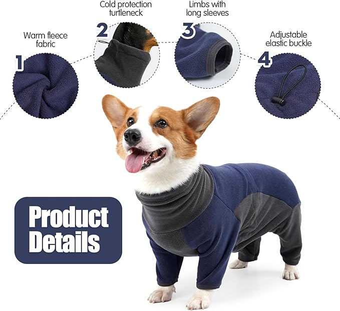 Winter Coat - Warm Fleece Dog Jacket, Windproof Pullover Jumpsuit, Fullbody Pajamas Onesie for Medium Large Dogs (Medium, Blue)