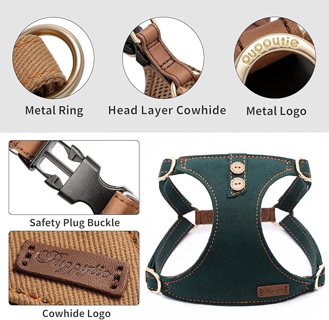 Dog Harness, No Pull Dogs Harness and Multi-Function Leash Set for Medium Dogs Easy Walk Everyday Adjustable Soft Dog Vest Harness Fashionable Dog Accessories Denim Vintage Green-Button-M(16lb-35lb)