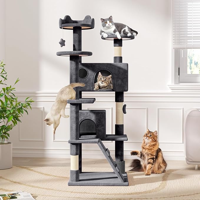 Magshion Cat Tree 60" Cats Tower for Indoor Cats, Multi-Level Cat Condo with Scratching Post, Top Perch, Sisal Board and Dangling Ball, Cat Stand Jumping Platform Kittens Pet Play House (Smoke Grey)