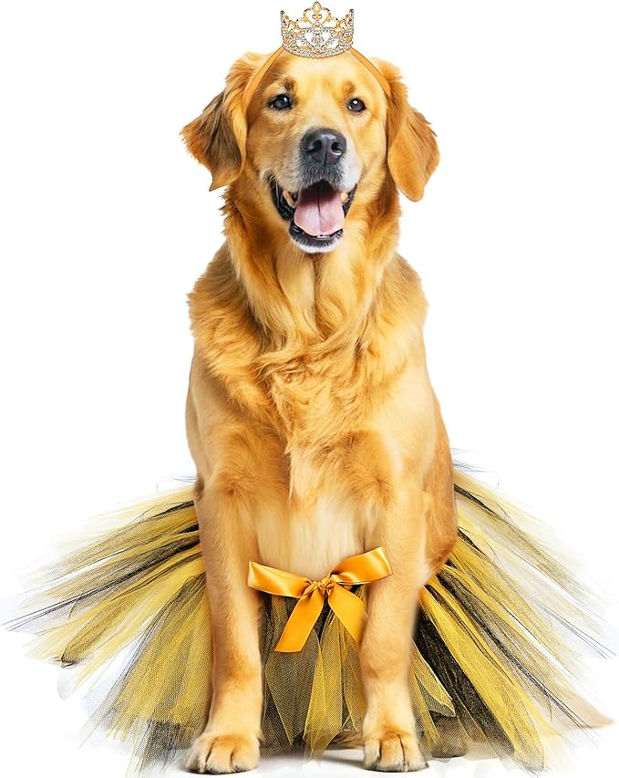 2 Pcs Dog Crown Headband Dog Tutu Dress Set Crystal Rhinestone Tiara Crown Tutu Skirt Pet Dress Costume for Puppy Birthday Party Wedding Photo Prop Costume(Black Gold,X-Large)