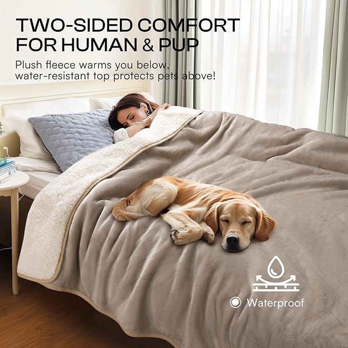 Luciphia Waterproof Pet Blanket, Liquid Pee Proof Dog Blanket for Sofa Bed Couch, Reversible Sherpa Fleece Furniture Protector Cover for Small Medium Large Dogs Cats, Khaki+Beige Medium（57" x 40"）