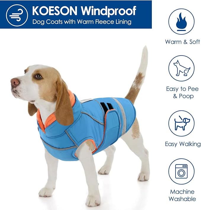 KOESON Dog Coat, Fleece Lined Dog Winter Jacket, Warm Cold Weather Coat for Medium Dogs with Hook & Loop Closure, Waterproof Pet Fleece Vest Snow Jacket for French Bulldog, Corgi, Beagle, Turquoise M