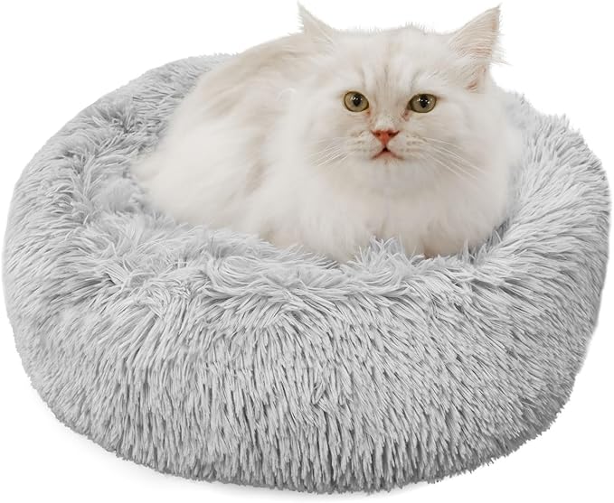 Dog Beds for Small Dogs Round Cat Beds for Indoor Cats Pet Bed for Puppy and Kitten with Slip-Resistant Bottom Plush Donut Cat Bed, Light Grey (38cm)