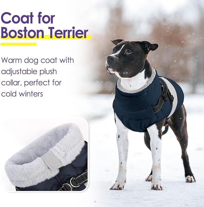 SUNFURA Dog Jacket, Large Dog Coat with Harness Built in, Warm Pet Winter Jacket Zippered Snow Coat with Furry Collar, Waterproof Fleece Snowsuit for French Bulldog, Navy Blue L