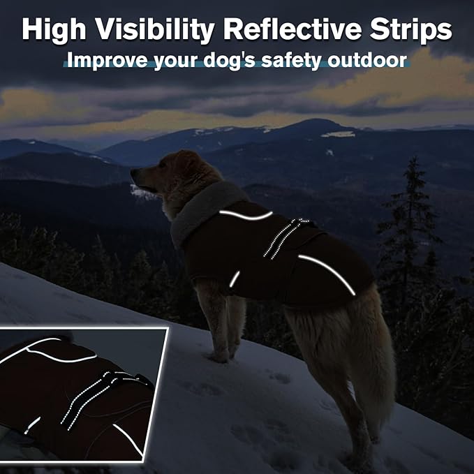 Lelepet Warm Dog Coat Reflective Fleece Vest Waterproof Dog Jacket with Adjustable Buckle Hook & Loop Windproof Cold Weather Coats for Small Medium Large Dogs, Brown, M
