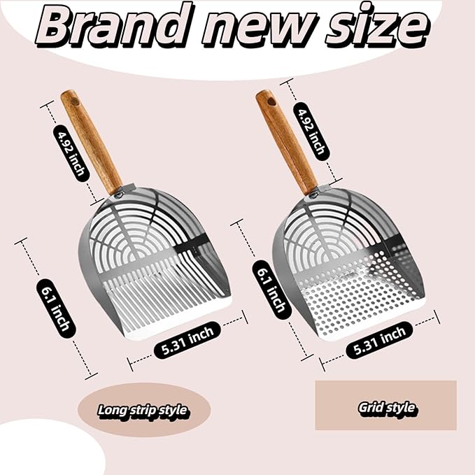 Heavy Duty Aluminum Alloy Cat Litter Scoop with Stand | Beech Wood Grip + Long Handle for Comfort | Deep Sifter for Fast, Efficient Poop/Litter Cleaning | Durable for Litter Box (Black Long Strip)