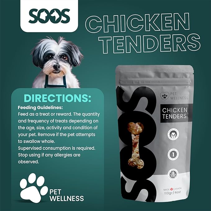 SOOS Natural Chicken Tenders Treats for Dogs & Cats - High Protein, Grain Free, Vitamin Minerals, Healthy Training Treats - 113g