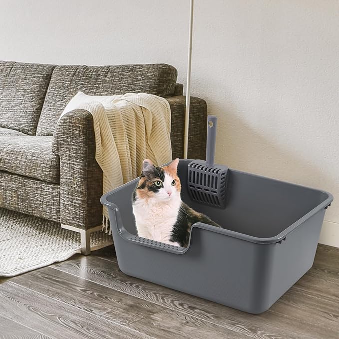 Xyskin 4 Pcs Cat Litter Box, Anti-Splashing Kitty Litter Pan with Scoops, High Sides Cat Litter Box Tray, Grey