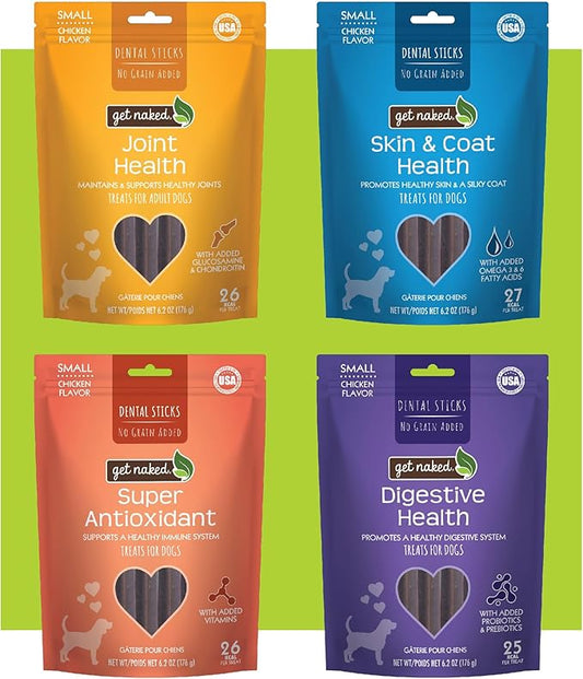 Get Naked Dental Sticks Grain-Free Chicken Flavor Dog Treats Variety Pack, Digestive Health + Skin & Coat + Joint Health + Super Antioxidant, Total 4 Bags, 24.8-oz, 64 Sticks