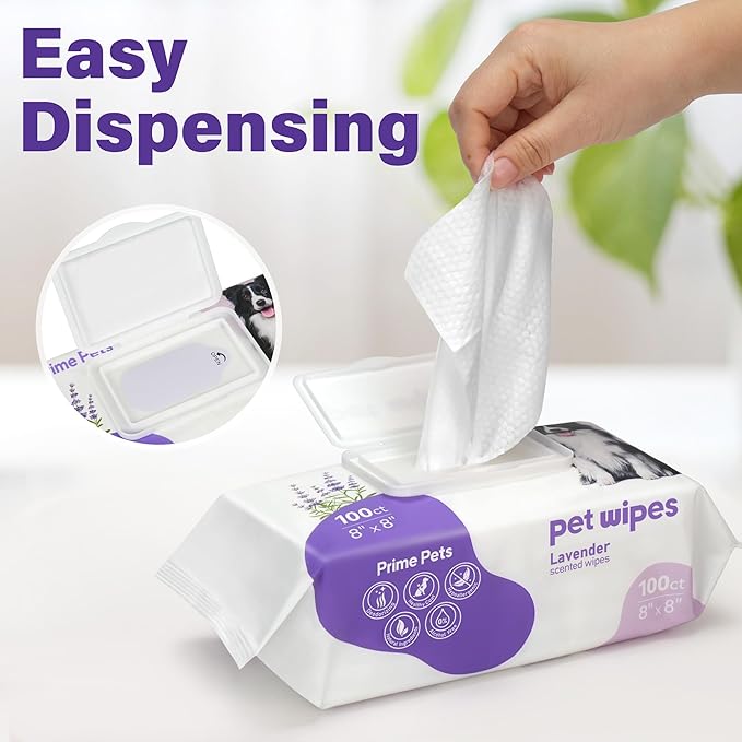 PrimePets Dog Wipes for Paws and Butt, 100 Count, 8" x 8" Hypoallergenic Pet Wipes for Dogs Cats Cleaning Deodorizing, Lavender Scented, Thick Puppy Wipes for Ears, Eyes, Body and Teeth