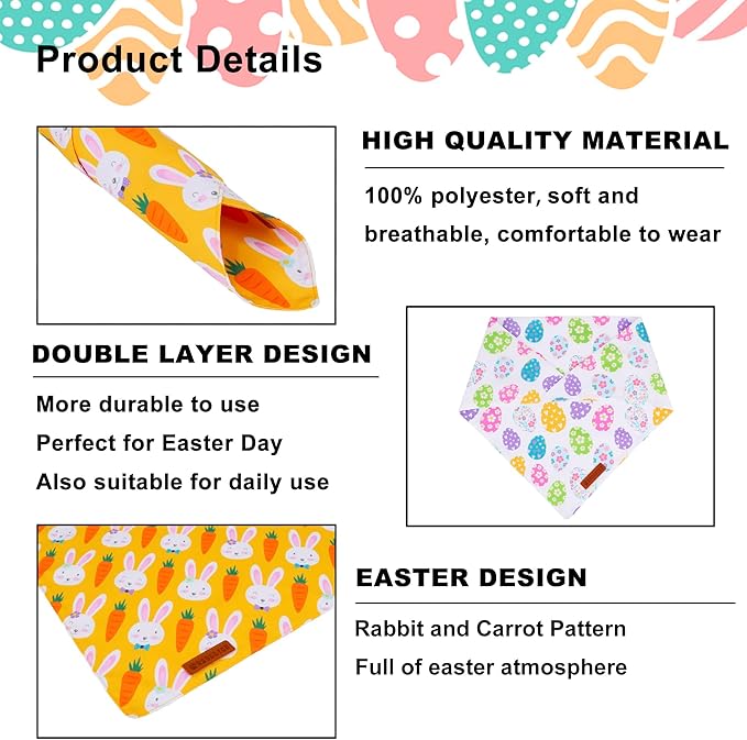 ADOGGYGO Easter Dog Bandana, Egg Rabbit Carrot Pet Scarf, Premium Durable Fabric, White Orange Easter Bandanas for Medium Large Dogs Pets (Large)