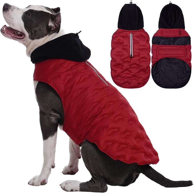 Nanaki Easy On Adjustable Pet Winter Coat Vest-Cold Weather XL Dog Coats with Hood, Warm Reflective Dog Puffer Vest Snowsuit for Pitbull, Soft Lightweight Puffer Coat for Outdoor Activities, Red